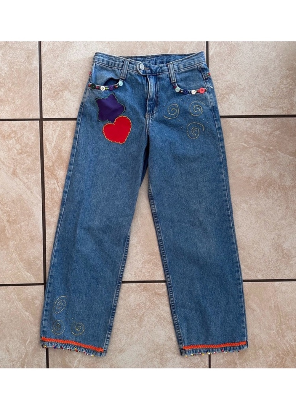 Vintage Lee Blue Denim Jeans with Red Heart & Purple details